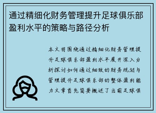 通过精细化财务管理提升足球俱乐部盈利水平的策略与路径分析