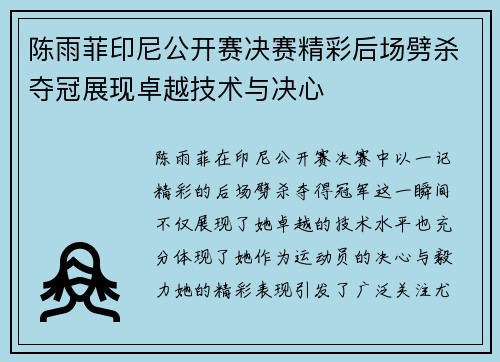 陈雨菲印尼公开赛决赛精彩后场劈杀夺冠展现卓越技术与决心