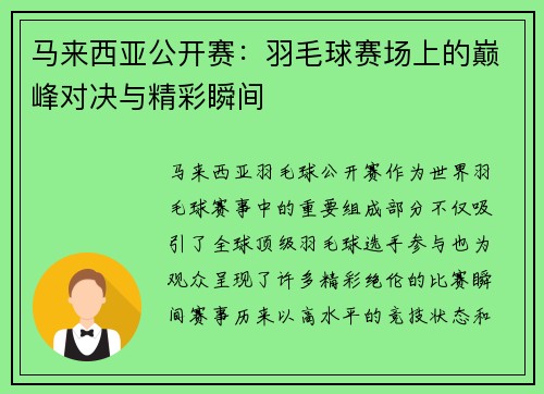 马来西亚公开赛：羽毛球赛场上的巅峰对决与精彩瞬间